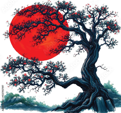 abstract tree with red paint splashes