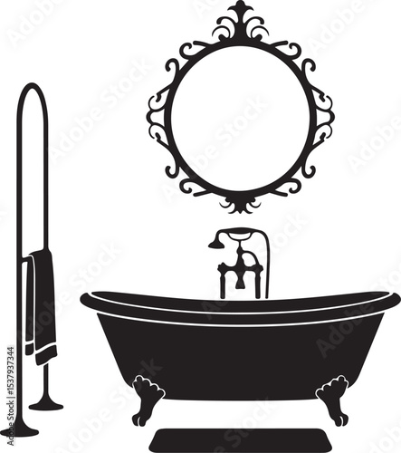 Elegant Bathroom Silhouette Vector Set – Clawfoot Bathtub, Mirror, Towel Rack in Black and White
