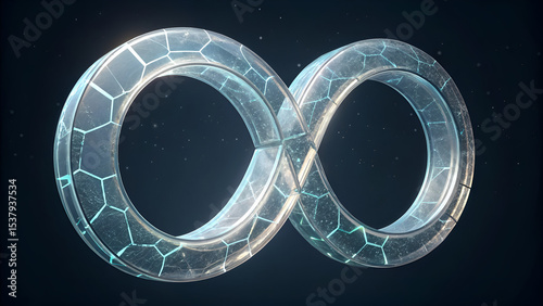 Fragmented translucent rings forming a loose pseudo-infinity shape with cracked incomplete segments and light leaking through edges on clean background, elegant, irregular, and futuristic design
