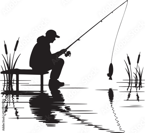 Fishing Man Silhouette – Black Vector of Fisherman with Rod, Minimal Outdoor Scene