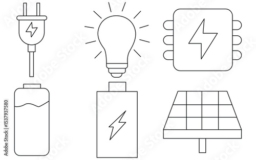 Clean Tech and Renewable Electricity Symbols – Linear Style Icon Collection for Power Systems