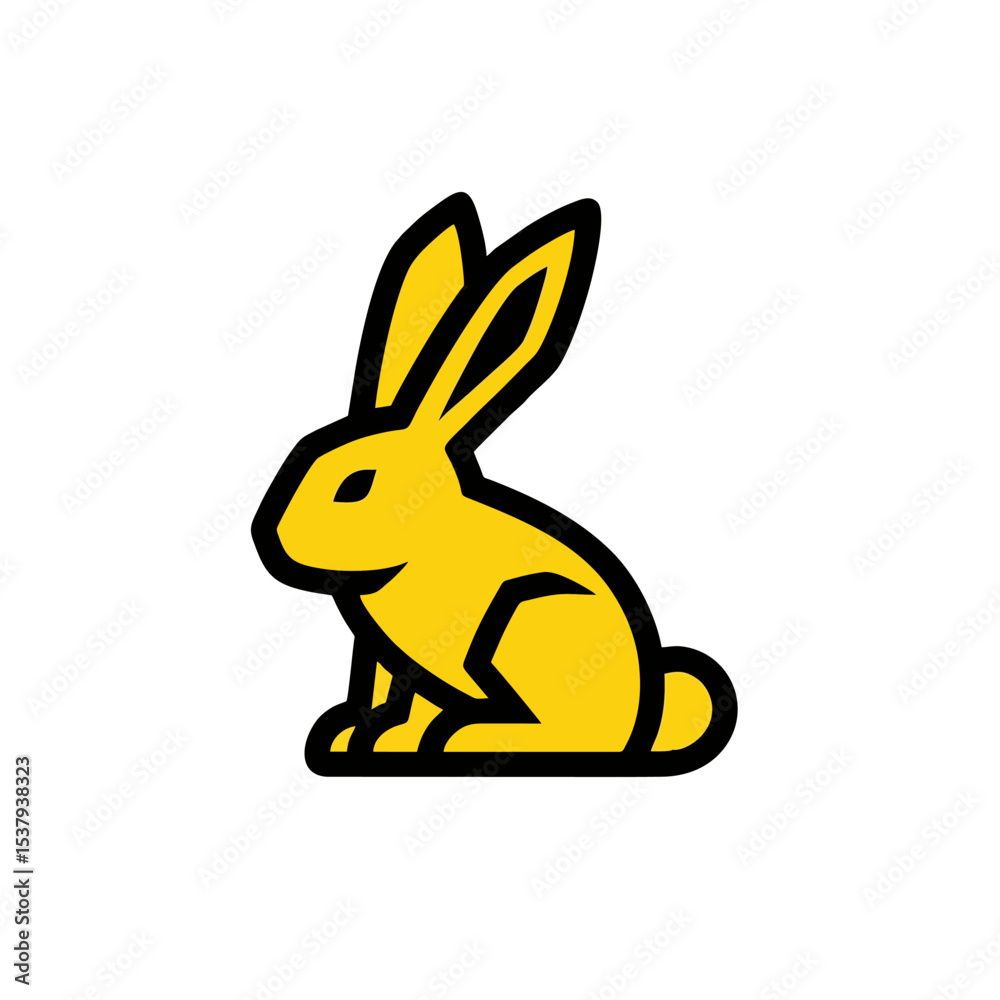 Obraz premium Yellow Rabbit Logo, Geometric Flat Design, Thick Black Outline, Vector Illustration of a Bunny