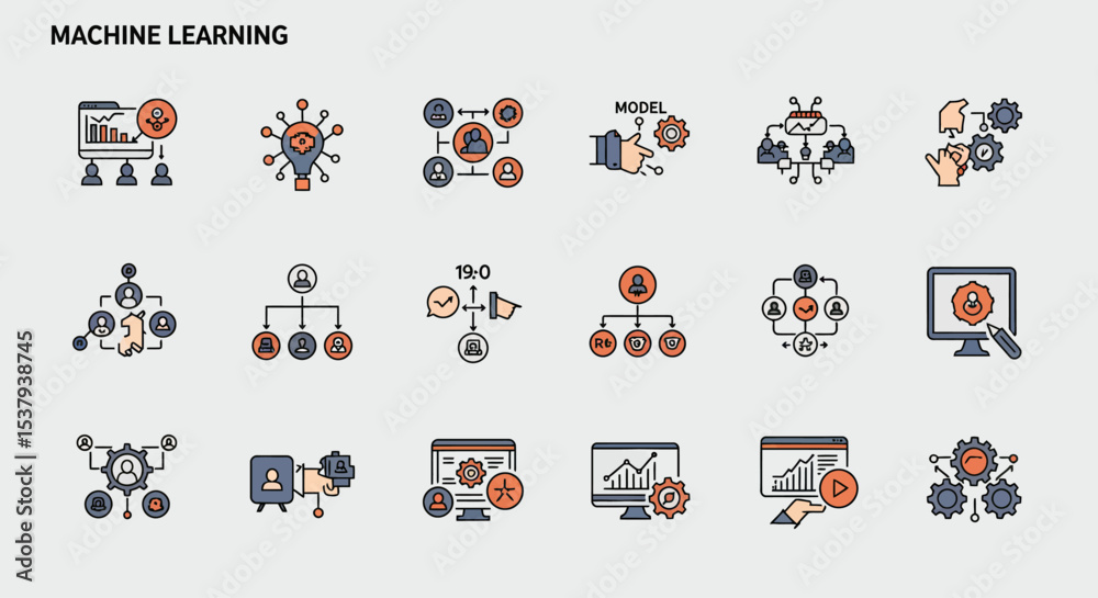 Fototapeta premium Machine Learning Icon Set – Flat Minimalist Symbols of Training, Models & Metrics