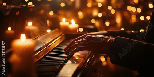 A person plays a piano surrounded by candles, creating a warm and romantic atmosphere.