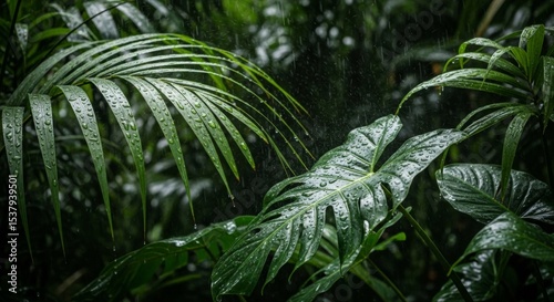 Tropical Rainforest Leaves in the Rain: Lush Green Foliage with Water Droplets