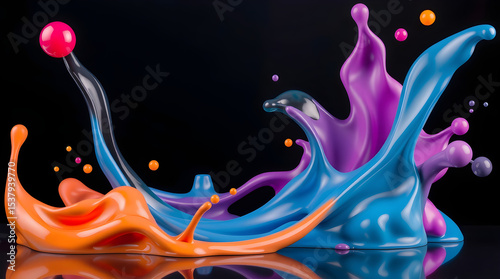 Colorful paint splashing on black background forming interesting shapes