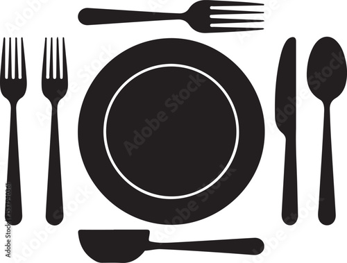 Minimalist Utensils and Tableware Silhouette Icons – Vector Set of Plates, Mugs, Forks, and Knives