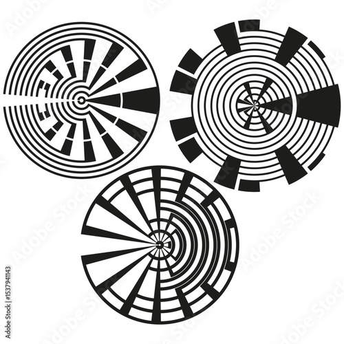 Concentric circle design. Abstract spiral pattern. Vector radial optical. Black white vortex.