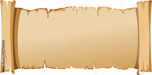 Vector Illustration of Aged Horizontal Parchment Scroll with Wooden Dowels, Textured Surface, and Tattered Edges in a Vintage Antique Style

