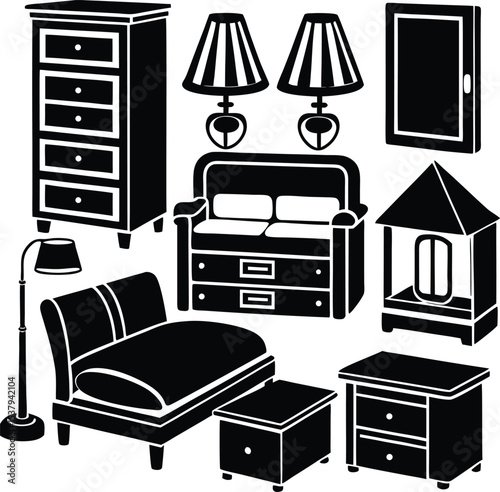Home Furniture Silhouette Vector Set – Bed, Couch, Bookshelf, Table, Desk Lamp in Black and White