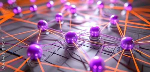 3D neural network with glowing violet nodes overlaid on an orange and gray tech grid
