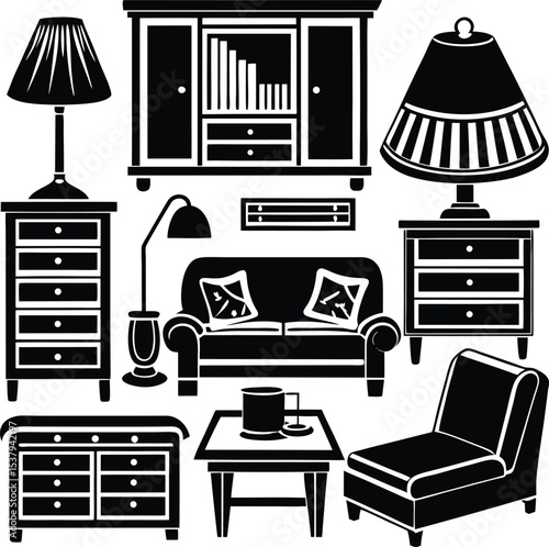 Home Furniture Silhouette Vector Set – Bed, Couch, Bookshelf, Table, Desk Lamp in Black and White
