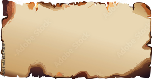 Vector Illustration of a Rectangular Aged Parchment with Torn and Charred Edges on a Neutral Background – Vintage Burned Paper Texture with Deep Shadows and Weathered Surface

