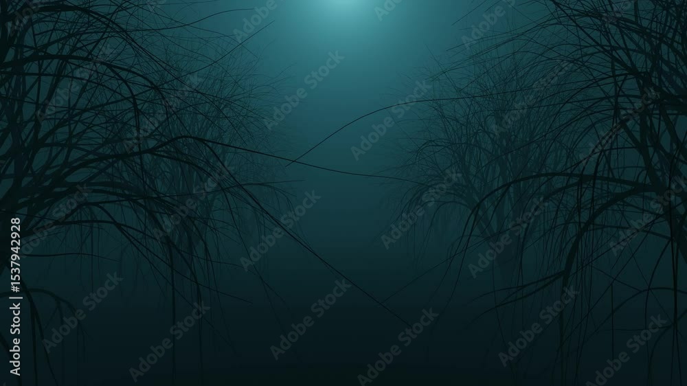 Mystically fog covered dark forest at night. mysterious silhouettes in a foggy dark forest at night.