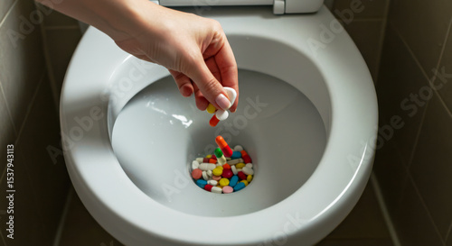 Hand dropping colorful pills into a toilet bowl for disposal  