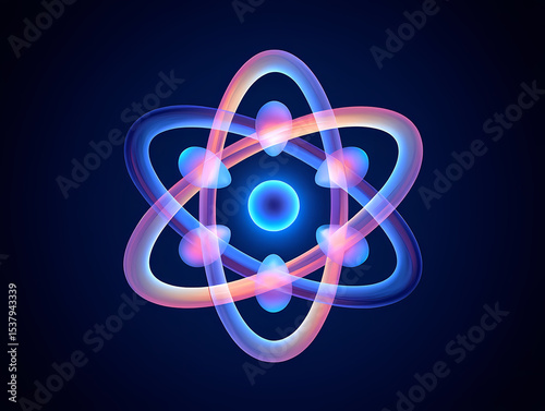 A vibrant atom model glows with pink and blue energy, orbiting a bright central nucleus