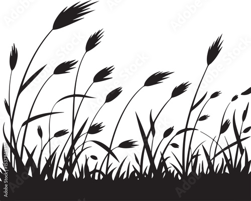 Silhouette of Tall Grass Blowing in Wind – Black Vector Art on White Background