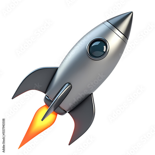 Illustration of a silver rocket ship launching into the darkness isolated on transparent background