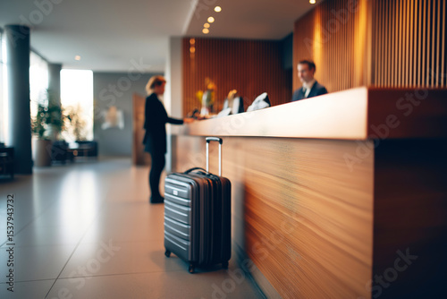 Business traveler checking in at hotel reception with suitcase  