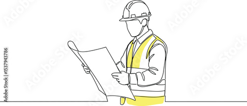 Construction engineer line art, architect wearing safety vest and helmet, blueprint plan sketch, civil site inspector drawing, project manager illustration, building plan professional