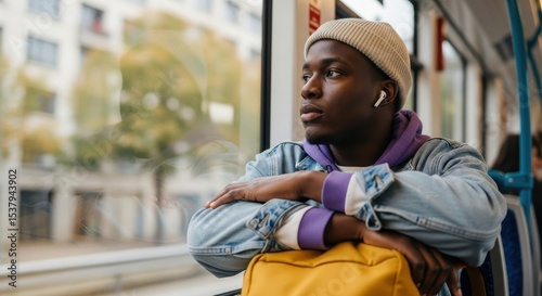 Pensive student listening to music with wireless earphones while looking out the window during his daily commute on a modern tram