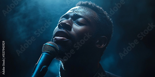 A male singer passionately performing on stage, illuminated by dramatic blue light.