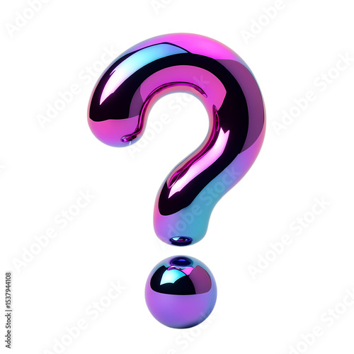 Iridescent question mark with a glossy finish on isolated on transparent background