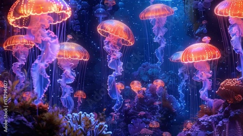Very realistic and glowing deep sea coral reef with jellyfish