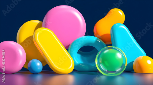 Colorful 3d geometric shapes creating abstract composition on dark blue background