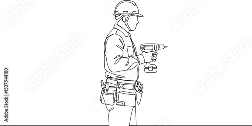Construction worker with power drill, handyman line art illustration, safety helmet, tool belt, outline builder sketch, professional contractor, construction site, building laborer drawing, engineer