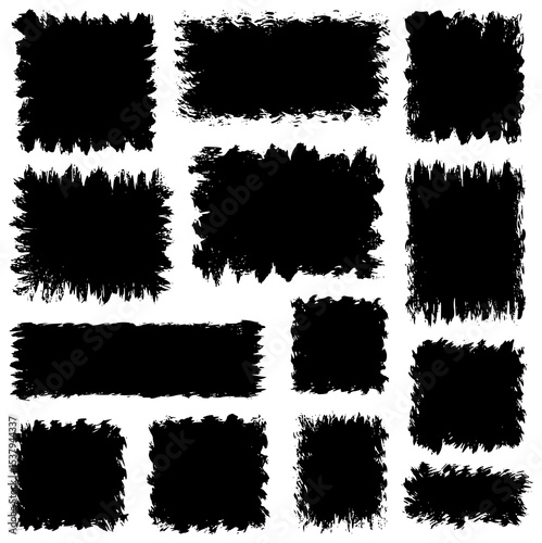 Black vector rough edge rectangles. Grunge square frames set. Jagged edge torn paper background collection. Paint brush strokes. Grungy distressed text boxes. Transparent PNG version.