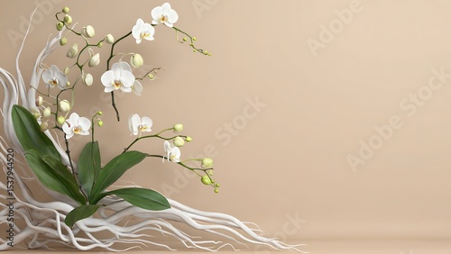 Orchid's elegance on display: A beautiful orchid bloom with a touch of nature, delicate petals and flowing roots, showcasing nature's artistry.