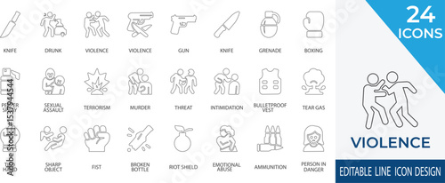 A bold line icon set featuring violence, weaponry, and safety gear like guns, knives, shields, and tear gas. Ideal for awareness campaigns, security apps, crime reports, and legal materials.
