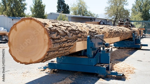 Large log being processed by industrial sawmill