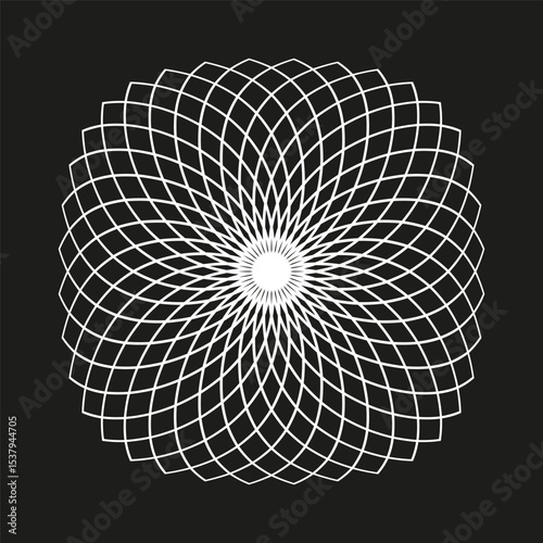 Radial spiral shape. Abstract white lines. Geometric curve design. Vector black background.