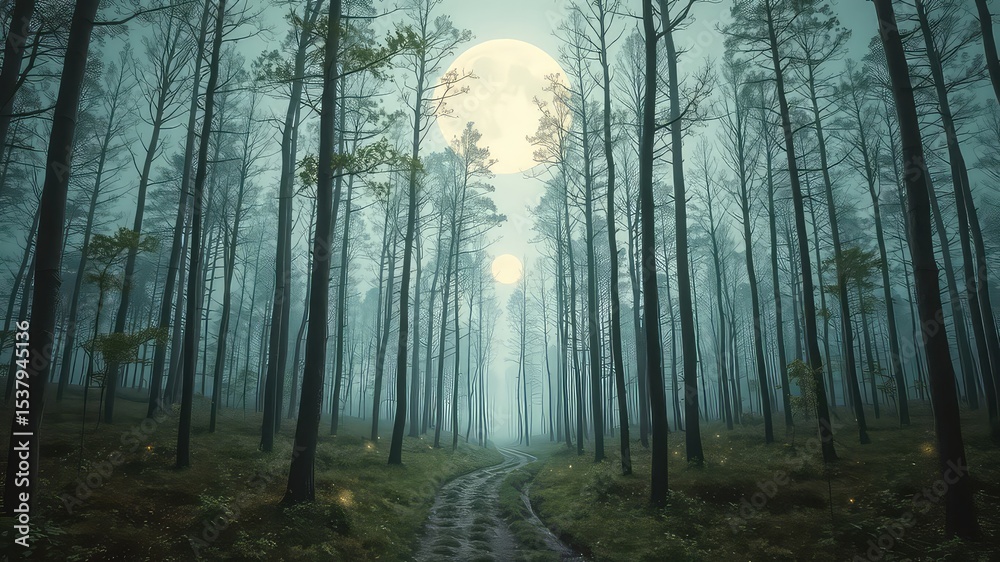 Fototapeta premium Moonlit path winds through a tranquil forest, where the trees stand tall under the soft glow of a celestial orb
