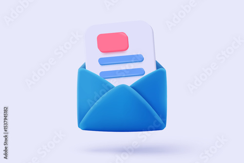 3d mail envelope icon with contact sheet on pastel background. Minimal email letter with letter paper read concept. 3d mail address with message icon vector render illustration
