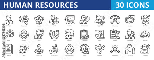 Human resources icon pack collection set for employee recruitment and job vacancy. With benefit, leadership, training, development, engagement, performance, feedback, diversity, hiring, consulting