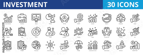 Investment icon pack collection set for business and financial planning. With stock market, portfolio, equity, saving, capital, growth, return, dividend, asset, wealth, risk, share, fund, investor