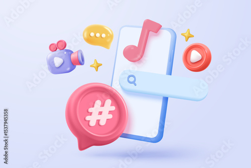 3d microphone with music note is symbol denoting a musical sound. mic record for music singing and audio tune or harmony tone concept. 3d microphone and melody notes icon vector render illustration