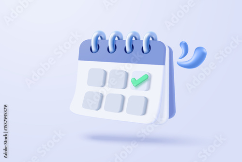 3d calendar date and time for reminder day with notice alert. Calendar clock for schedule appointment and marked notifications alert concept. 3d date reminder icon vector render illustration