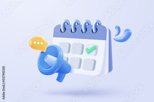 3d calendar icon signs with notice for important reminder. Calendar with megaphone or emergency notifications speaker loud concept. 3d schedule alarm warning icon vector render illustration