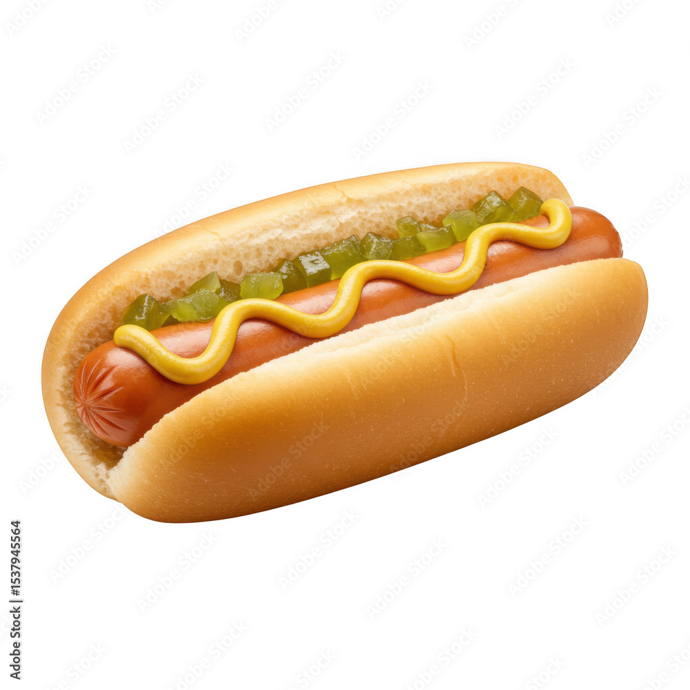 Classic hot dog with mustard and relish isolated on transparent background Classic hot dog with mustard and relish isolated on transparent background