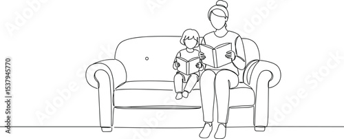 Mother and child reading, quiet moment, family time on sofa, educational activity, line drawing, parent bonding, cozy sketch, minimalist style, peaceful, literacy, learning together