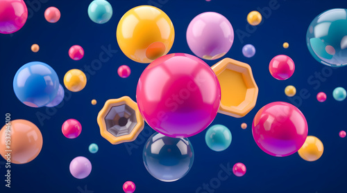 Colorful spheres and hexagons floating on blue background: abstract 3d render