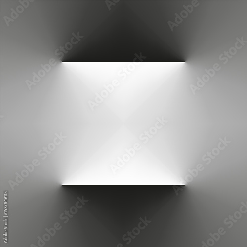 Metallic gradient square. Central light focus. Vector depth shape. Abstract box form.