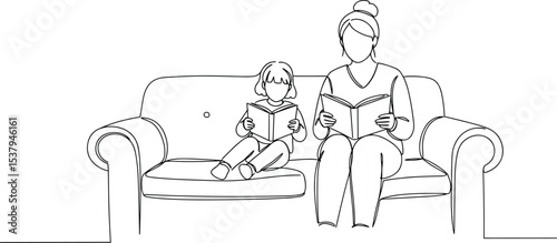 Mother reading, child reading, sitting together, line drawing, couch scene, family bonding, quiet moment, home education, parenting sketch, peaceful lifestyle, love, minimal art