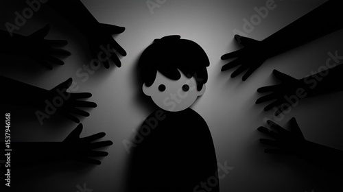 A silhouetted boy is surrounded by seven shadow hands in a paper-cut style. Dark and scary. Anxiety. Afraid
