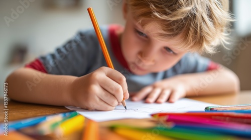 Wallpaper Mural A young boy is drawing on paper with crayons holding an orange pencil in his hand and a focused expression. Colored pencils scattered around young guy Torontodigital.ca