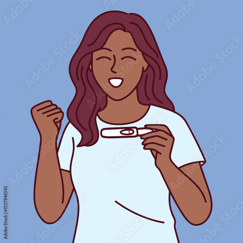 Black woman with curly hair celebrates after receiving a negative pregnancy test. She smiles with relief and raises her fist in joy